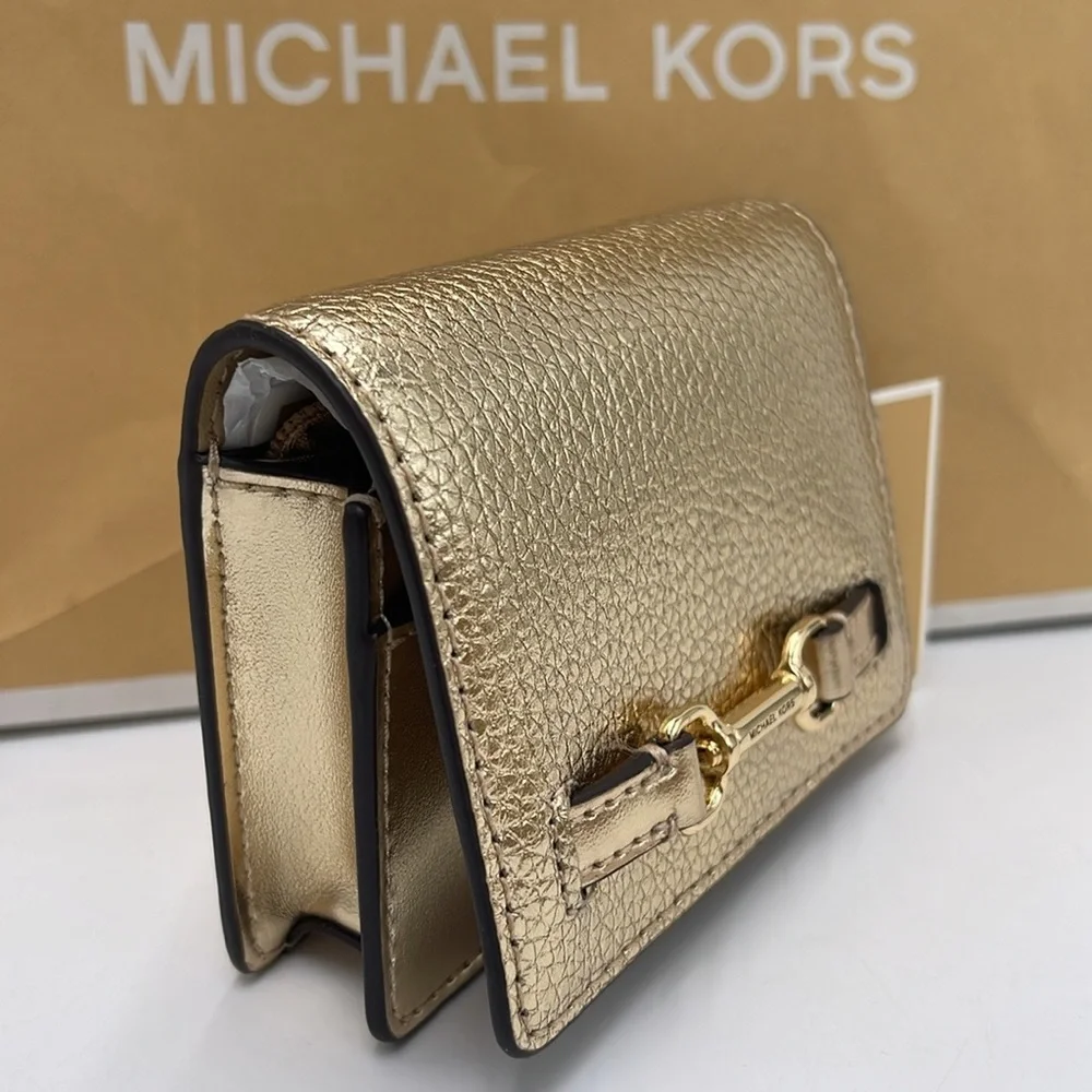 MICHAEL KORS Carson Small Metallic Pebbled Leather Wallet Pale Gold  NWT